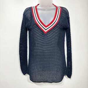 Free People Open Knit Crochet Deep V Sweater Sz XS Blue Red Coastal Boho Preppy